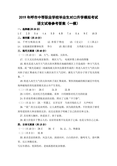 2019年语文模拟试卷参考答案(一)