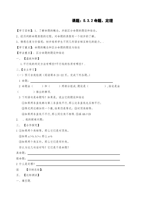 人教版数学七年级下册导学案5.3.2命题、定理