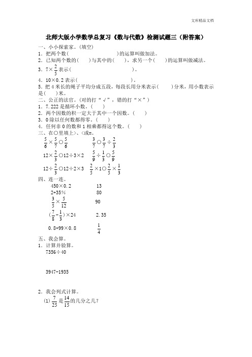 北师大版小学数学总复习《数与代数》检测试题三(附答案)