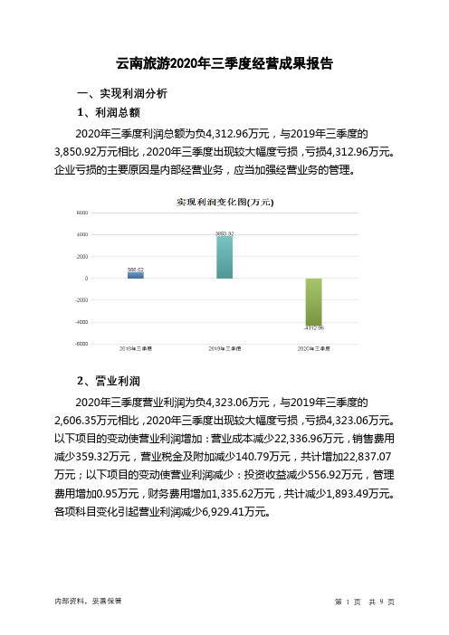 云南旅游2020年三季度经营成果报告