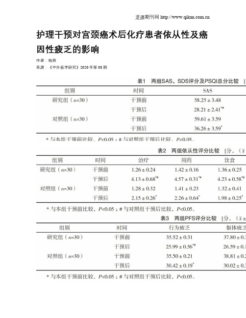 护理干预对宫颈癌术后化疗患者依从性及癌因性疲乏的影响