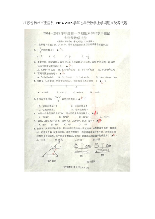 江苏省扬州市宝应县2014-2015学年七年级数学上学期期末统考试题(版)苏科版