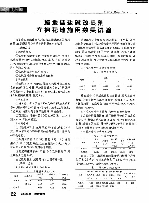 施地佳盐碱改良剂在棉花地施用效果试验
