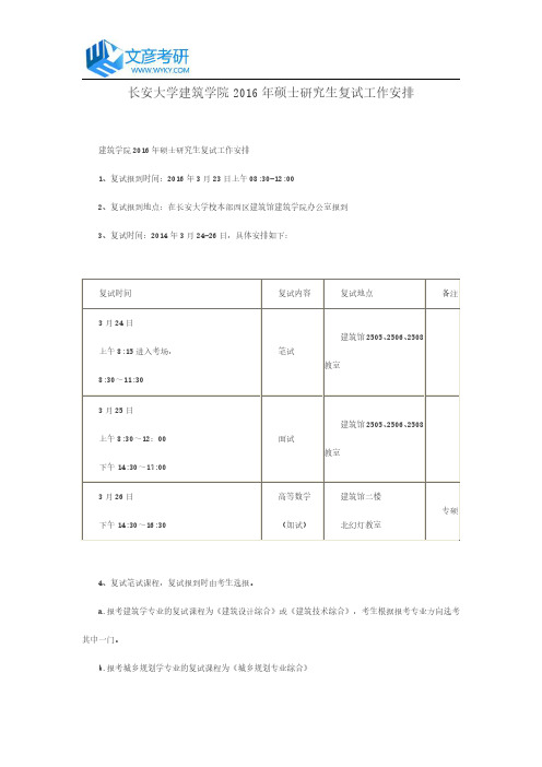 长安大学建筑学院2016年硕士研究生复试工作安排