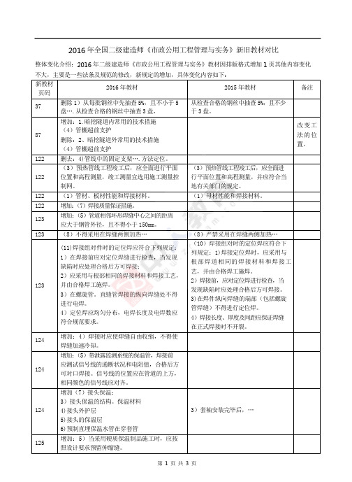 2016全国二级建造师《市政实务》新旧教材对比