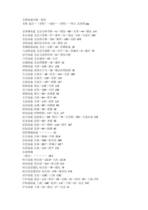 全国高速公路一览表