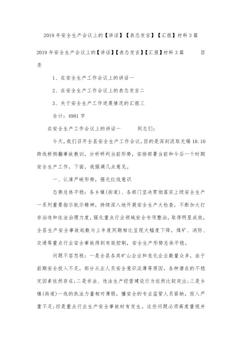 2019年安全生产会议上的【讲话】【表态发言】【汇报】材料3篇
