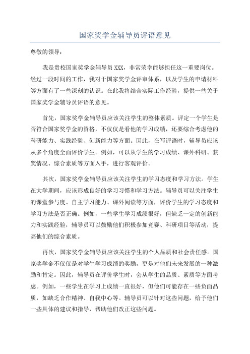 国家奖学金辅导员评语意见