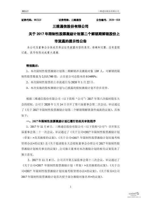 三维通信：关于2017年限制性股票激励计划第二个解锁期解锁股份上市流通的提示性公告