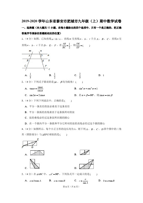 2019-2020学年山东省泰安市肥城市九年级(上)期中数学试卷(最全解析)
