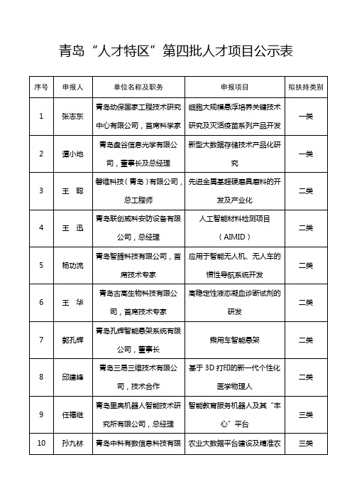 青岛人才特区第四批人才项目公示表