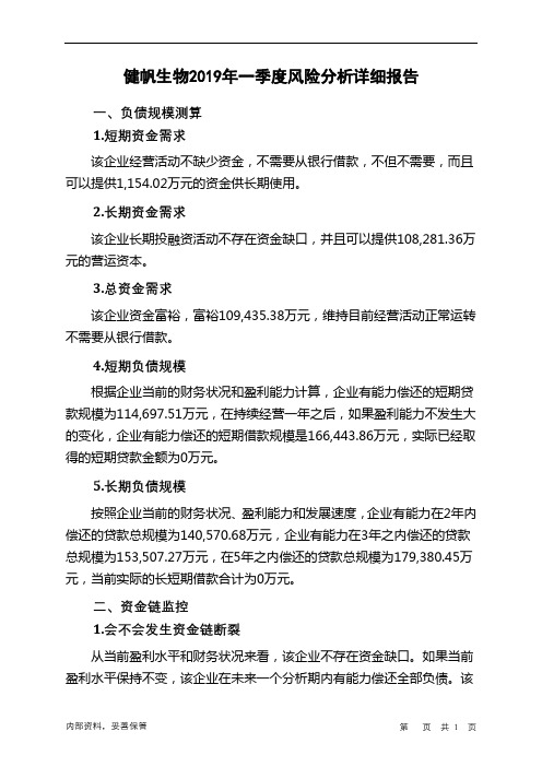 健帆生物2019年一季度财务风险分析详细报告