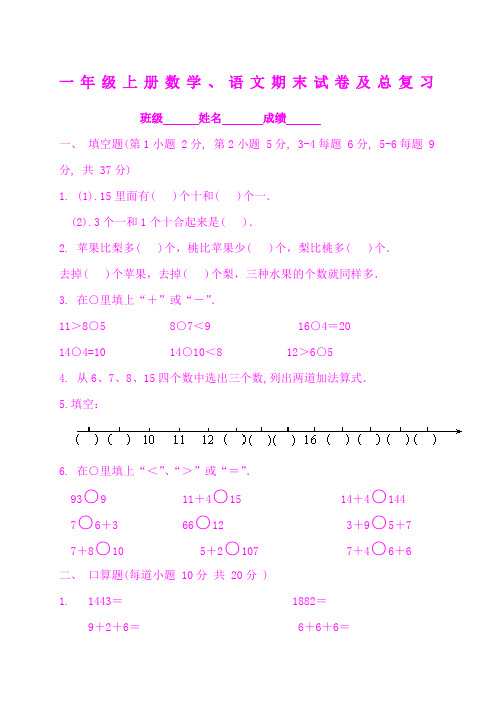 小学一年级上学期数学语文期末考试及总复习全