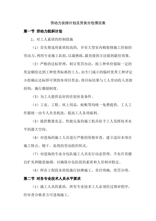 劳动力安排计划及劳务分包情况表
