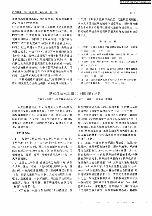 原发性脑室出血46例的治疗分析