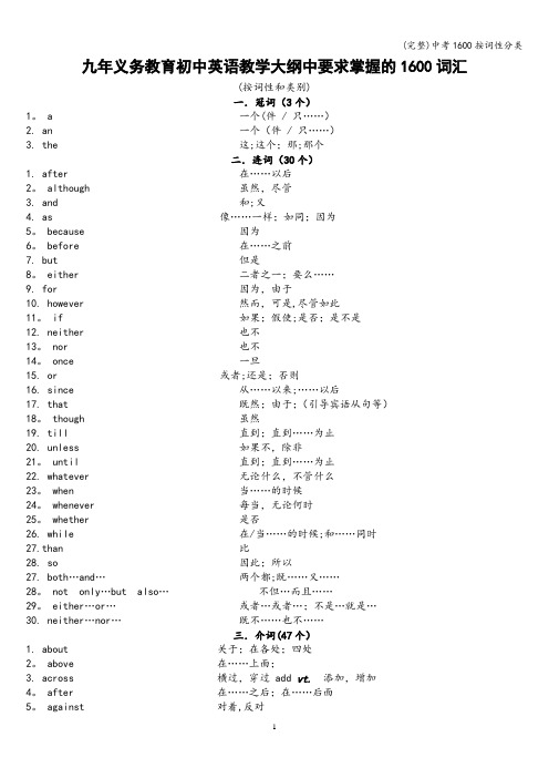 (完整)中考1600按词性分类