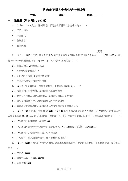 济南市平阴县中考化学一模试卷  
