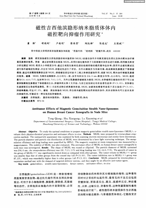 磁性吉西他滨隐形纳米脂质体体内磁控靶向抑瘤作用研究