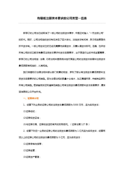 有最低注册资本要求的公司类型一览表范文
