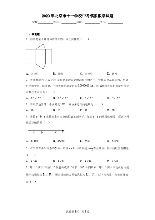 2023年北京市十一学校中考模拟数学试题(含答案解析)