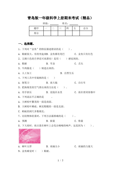 青岛版一年级科学上册期末考试(精品)