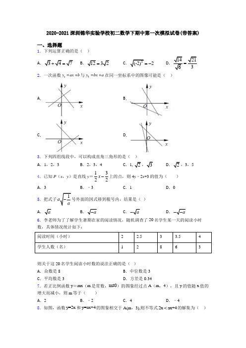 2020-2021深圳锦华实验学校初二数学下期中第一次模拟试卷(带答案)