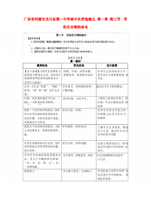 高中化学 第一章 第三节 有机化合物的命名1教案 新人教版选修5