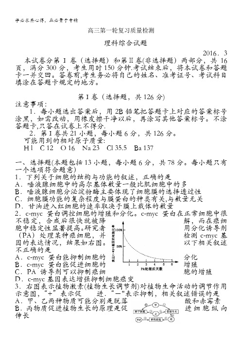 山东省泰安市2016届高三下学期第一次模拟考试理综试题 含答案