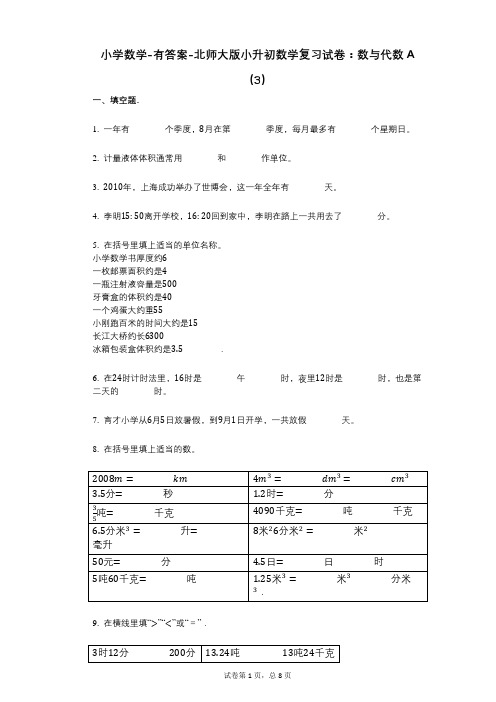 小学数学-有答案-北师大版小升初数学复习试卷：数与代数A(3)