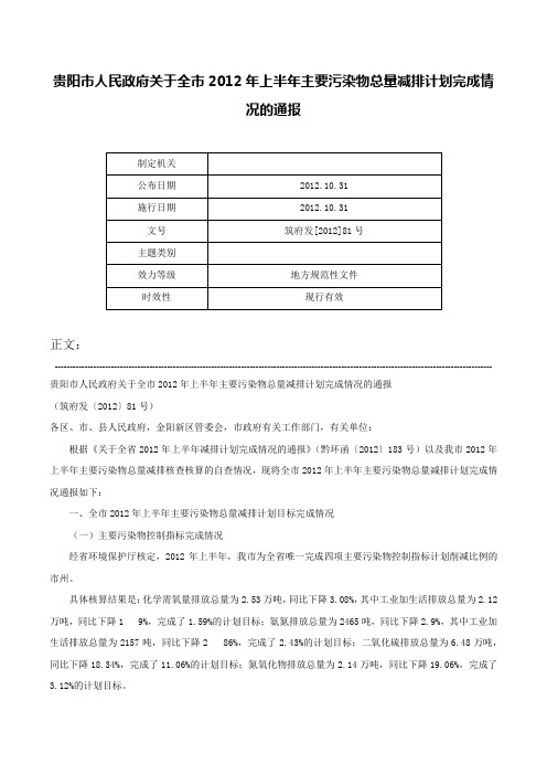 贵阳市人民政府关于全市2012年上半年主要污染物总量减排计划完成情况的通报-筑府发[2012]81号