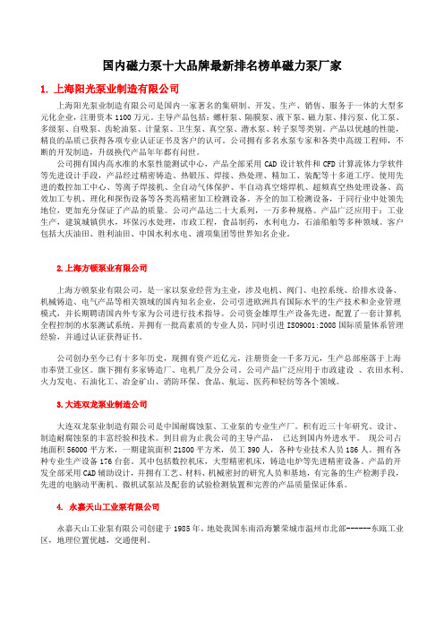 国内磁力泵十大品牌最新排名榜单磁力泵厂家