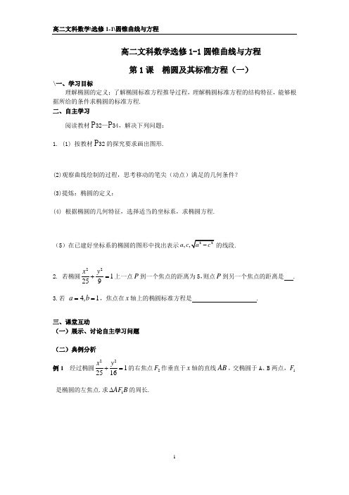 高二文科数学选修1-1圆锥曲线与方程
