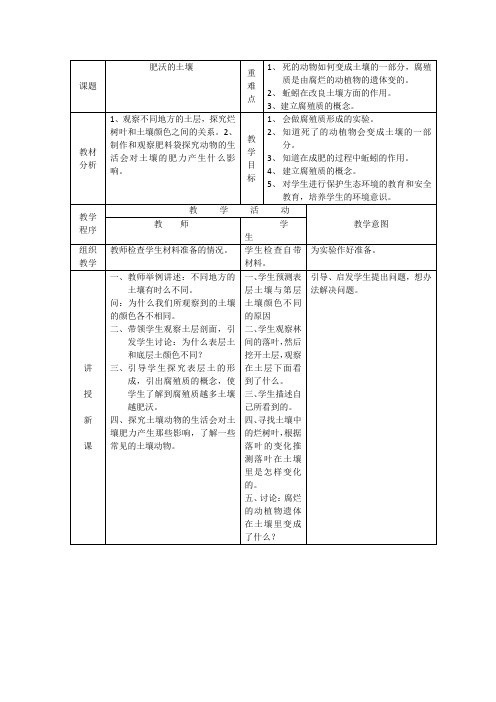 苏教实验版科学三年级下册《肥沃的土壤》表格式教案