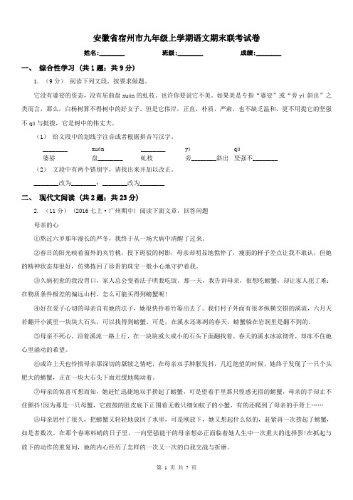 安徽省宿州市九年级上学期语文期末联考试卷