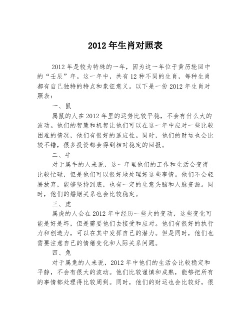 2012年生肖对照表