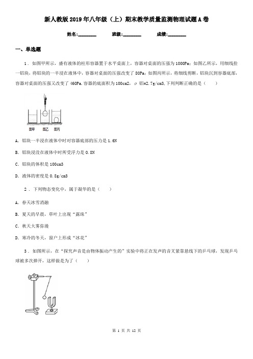 新人教版2019年八年级(上)期末教学质量监测物理试题A卷