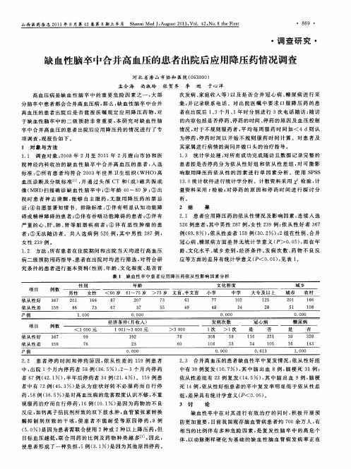 缺血性脑卒中合并高血压的患者出院后应用降压药情况调查