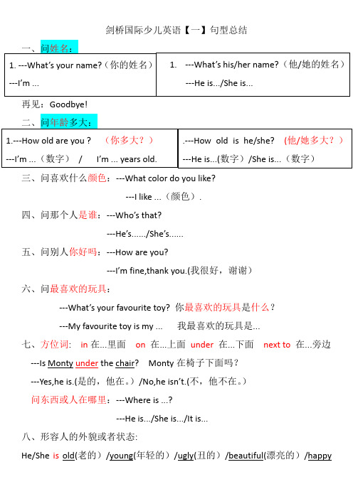 剑桥国际少儿英语(一)句型总结