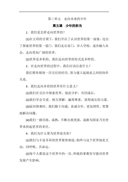 新部编版九年级下册道德与法治第五课 少年的担当知识点小结