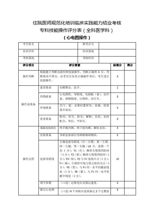 住院医师规范化培训临床实践能力结业考核专科技能操作评分表(全科医学科)心电图操作