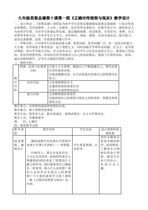 九年级思想品德课理想与现实教学设计
