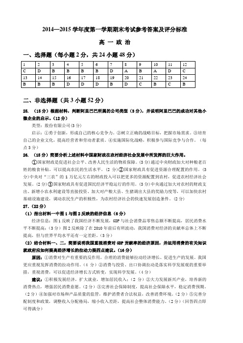 辽宁省锦州市2014-2015学年高一上学期期末考试 政治参考答案及评分标准