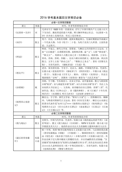 2016年浙江学业水平考试基本篇目文学常识汇总