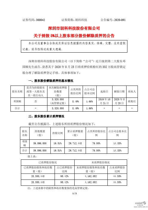 朗科科技：关于持股5%以上股东部分股份解除质押的公告