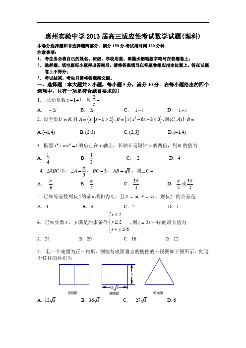 高三数学月考试题及答案-惠州市实验中学2013届高三适应性考试(理)