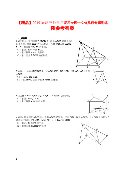 【精品】2019届高三数学年复习专题--立体几何专题训练附参考答案