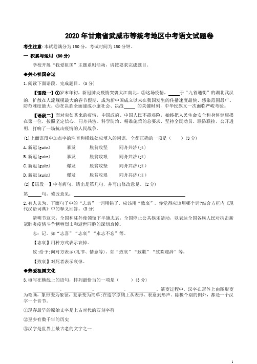 2020年甘肃省武威市等统考地区中考语文试题卷附答案解析