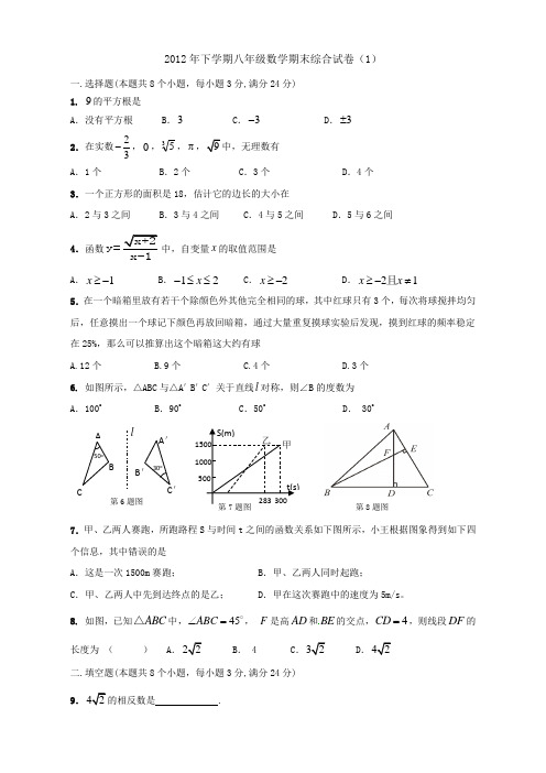 2012年下学期八年级数学期末试卷(1)