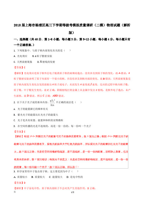 2018届上海市杨浦区高三下学期等级考模拟质量调研(二模)物理试题(解析版)