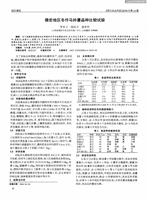 德宏地区冬作马铃薯品种比较试验